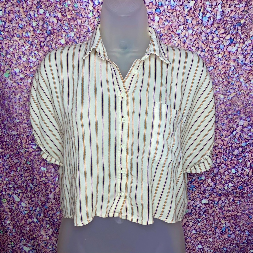 Forever21 White with blue/brown stripes crop shirt